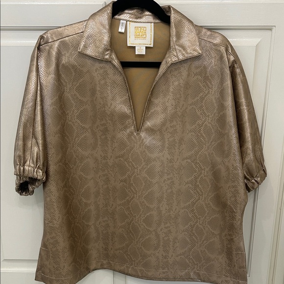Emily Mccarthy Tops - St. John Collection Metallic Taupe Snake-Print V-Neck Blouse